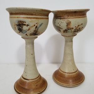 Vintage Signed Two Stoneware Ceramic Goblets Cups